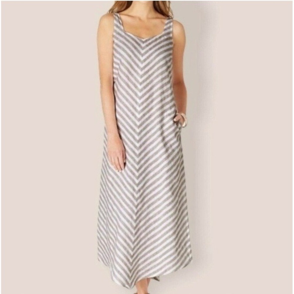 J. Jill Love Linen Chevron Striped Midi Dress Size M Petite Tan White 100% Linen